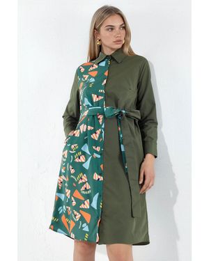 Msn-Collection Printed Mini Shirt Dress With Tie Detail - Green