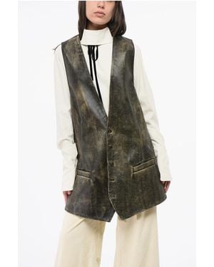Maison Margiela Mm6 V-hals Leren Maxi-jas In Bruin - Groen