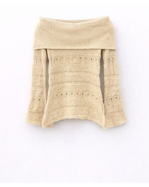 MixRay Off Shoulder Textured Ribbed Jumper With Cut Out Details - Natural