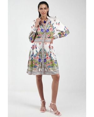 Msn-Collection Frilly Paisley V-Neck Mini Skater Dress - Green