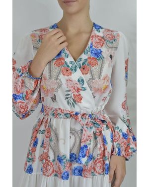 Msn-Collection Floral V-Neck Maxi Dress With Tie Detail - Grey