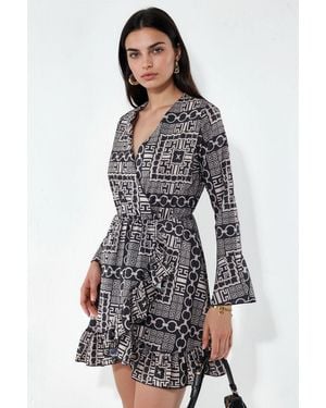 Msn-Collection Geometric Wrap Mini Dress With Tie Waist - Grey