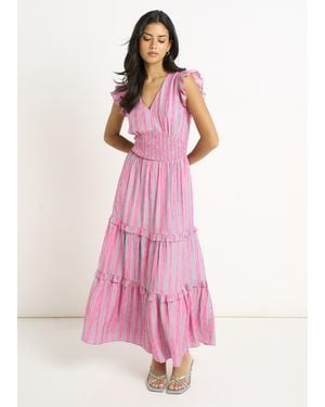 Gini London Summer Stripe Shirred Waist Maxi Dress - Pink