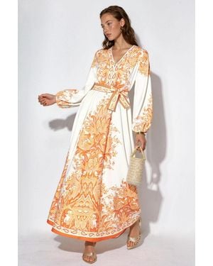 Msn-Collection Paisley A-Line Maxi Dress With Tie Belt - Natural