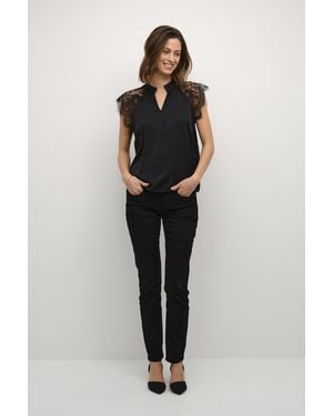 Cream Blouse With Short Sleeve Straight Fit - Black