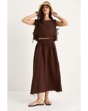 Bianco Lucci Textured Blouse & Skirt Muslin Fabric Two-Piece Set - Brown