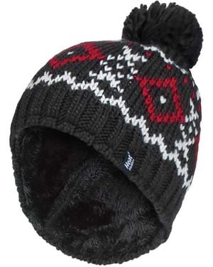 Heat Holders Fleece Lined Thermal Winter Warm Beanie Bobble Hat With Pom Pom - Black