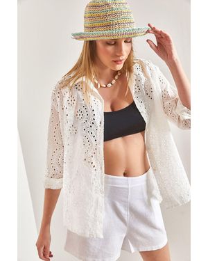 Bianco Lucci Embroidered Lace Woven Shirt - White