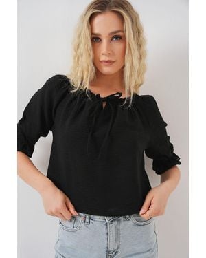 Bigdart Textured Boat Neck Crop Blouse With Pompom Detail - Black