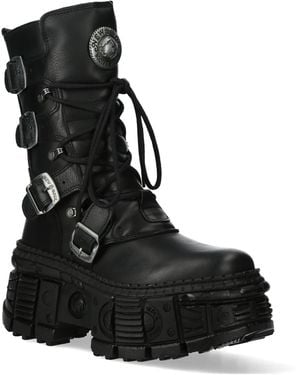 New Rock Mid-Calf Leather Goth Boots-Wall373-S5 - Black