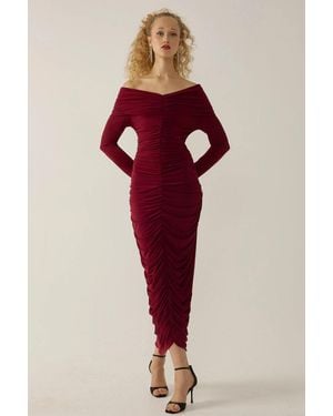 Hiccup Off Shoulder Draped Bodycon Maxi Dress - Red