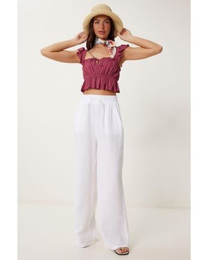 Happiness İstanbul Wide Leg Drawstring Waist Trousers With Binding Detail - White