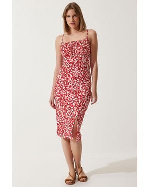Happiness İstanbul Floral Ribbed Bodycon Midi Dress With Slit - Red