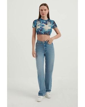 Hiccup Abstract Tüllen Crop Top - Blauw