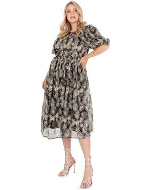 Lovedrobe Midi-Jurk Met Ronde Hals En Pofmouwen Voor - Metallic