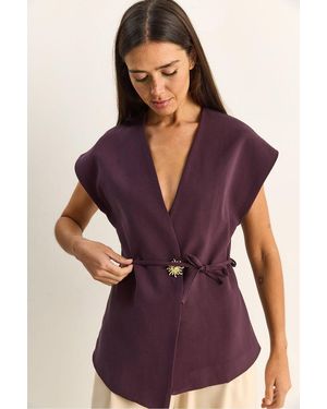 Bianco Lucci Belted V-Neck Crepe Waistcoat - Purple