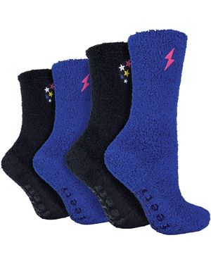 Wildfeet 4 Pack Fleece Thermische Slippers Lounge Bed Sokken Voor Ultiem Comfort - Blauw