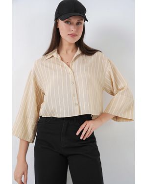 Bigdart Oversized Striped Cropped Shirt With Button Closure - Natural