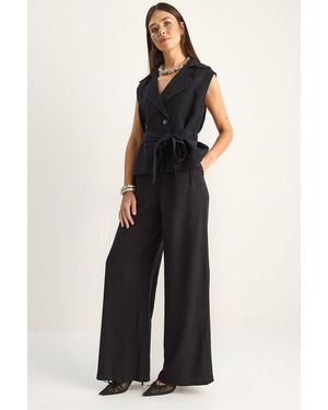 Bianco Lucci High Waist Wide Leg Co-Ord Set With Shawl Collar - Black
