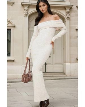 Hiccup Off Shoulder Bodycon Maxi Rib Dress - Natural