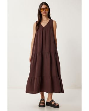 Happiness İstanbul Frilly V-Neck Midi Dress - Brown