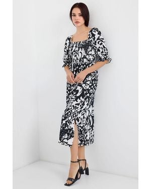 Bigdart Floral Midi Dress With Square Collar And Slit - Blue