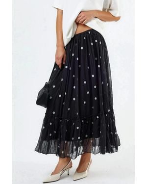 Busem High Waist Polka Dot Maxi Skirt With Frills - Black