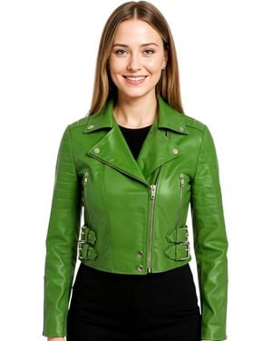 Infinity Leather Apple Cropped Brando Biker Jacket-Damascus - Green