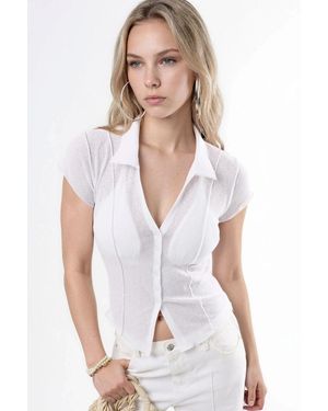 Busem Gestructureerde Gebreide Korte Mouw Shirt Met Knopen - Wit