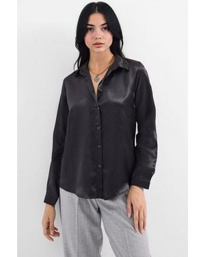 Bigdart Satin Long Sleeve Button Up Shirt - Black