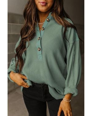 Azura Exchange Smoke Waffle Long Sleeve Collar Half Button Loose Top - Green