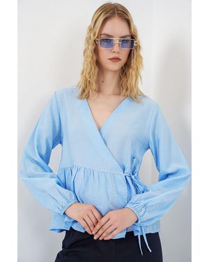Bigdart V-Neck Tie Detail Crepe Wrap Blouse - Blue