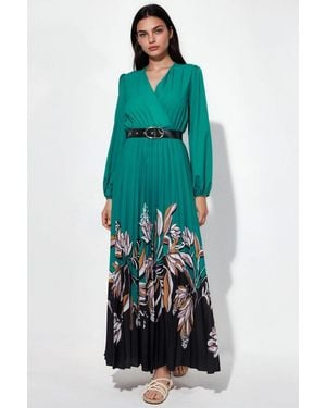 Msn-Collection Floral Midi Dress With Belt - Green