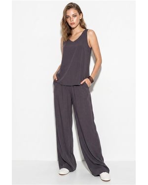 Bianco Lucci V-Neck Cotton Blouse-Pants Two-Piece Set - Blue