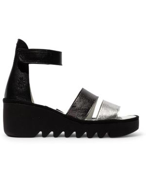 Fly London Bono290 Idra Leather Sandals Espadrille Wedges - Black