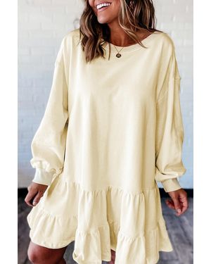 Azura Exchange Rokrand Lange Mouwen Jurk - Naturel