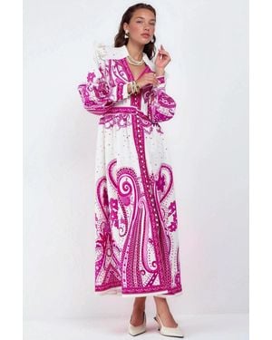 Msn-Collection V-Neck Paisley Maxi Dress With Slit - Pink