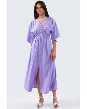 Busem V-Neck Midi Wrap Dress With Three Quarter Sleeves - Purple