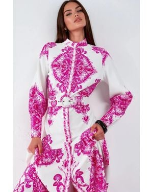Msn-Collection Paisley Print Belted Maxi Dress With Shirt Collar - Pink