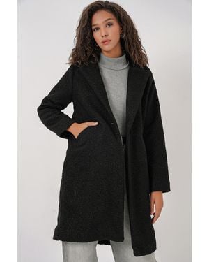 Bigdart Oversized Textured Long Plush Coat - Black