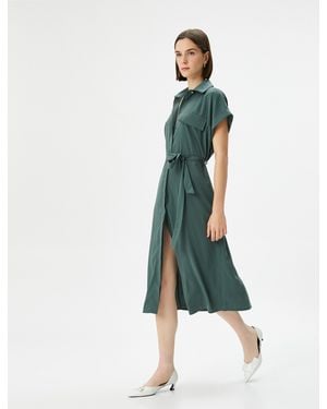 Koton Dresses Pocket Detail Buttoned Short Sleeve Belted Midi Shirt Dress - Groen