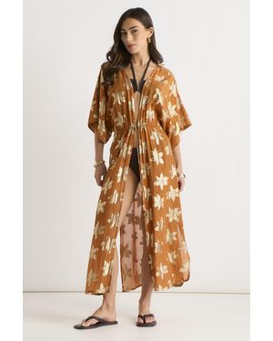 Gini London Floral Lurex Tie Front Kaftan Kimono - Orange