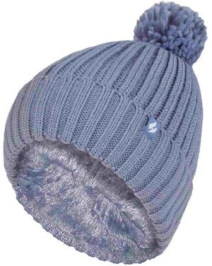 Heat Holders Ladies Ribbed Cuffed Thermal Insulated Winter Pom Pom Bobble Hat - Blue