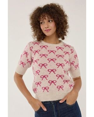 Hiccup Bow Patterned Short Sleeve Jumper - Pink