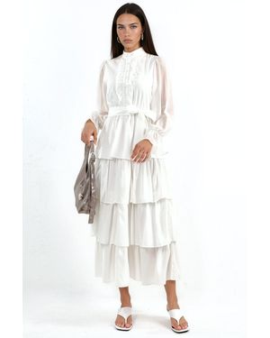 Msn-Collection A-Line Maxi Dress With Crew Neck And Buttons - White