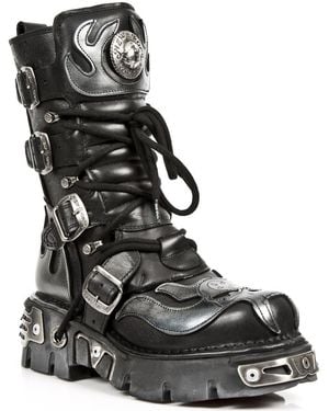 New Rock Flame Accented/ Leather Biker Boots- 107-S2 - Black
