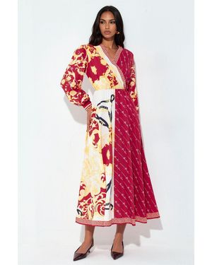 Msn-Collection Printed Belted Maxi Dress - Red