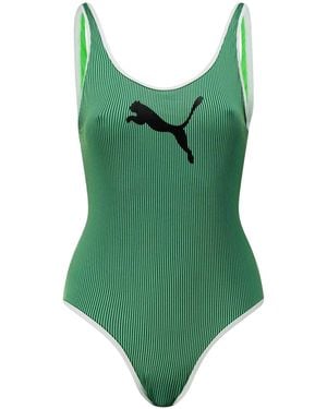 PUMA Gestreepte Geribbelde Eendelige Zwemkleding Voor - Groen