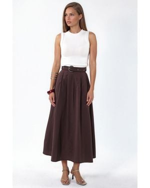 Busem Belted A-Line Midi Dress With Crew Neck - White