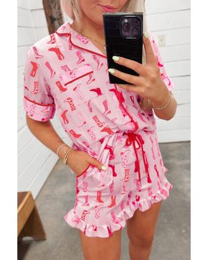 Azura Exchange Roze Western Cowgirl Boots Bedrukte Shirt Rimpel Shorts Pyjama Set